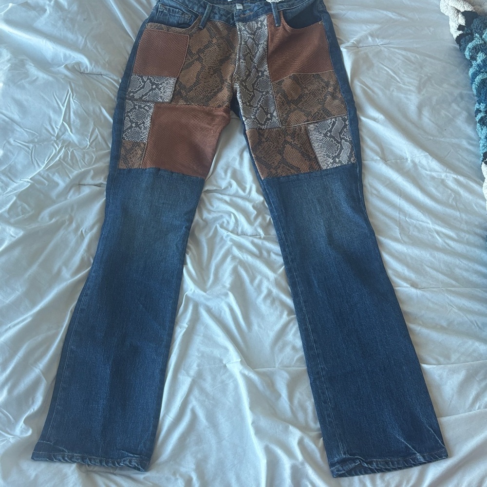 Frame Denim Blue and Brown Patchwork Boot Cut Jeans